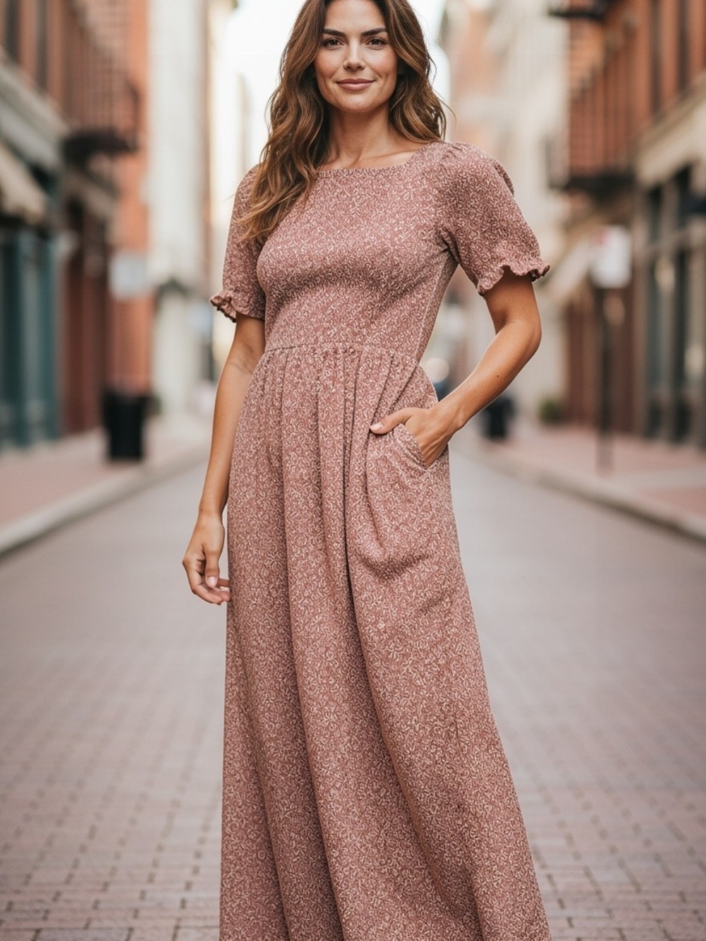 NATURAL LIFE Dusty Rose Short Sleeve Maxi Dress with Pockets
